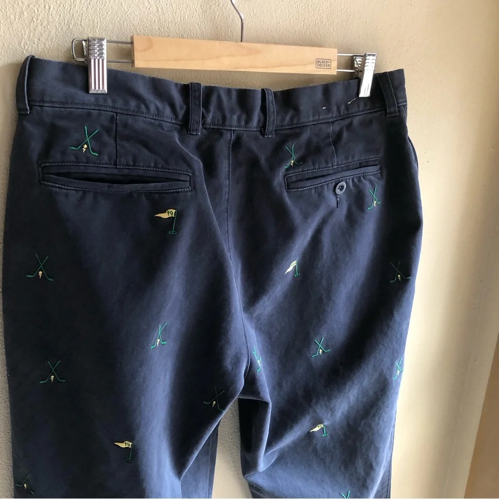 Vintage J. Crew Flat Front Broken In Chino. Navy w/ Golf Theme. Size 34W x 34L